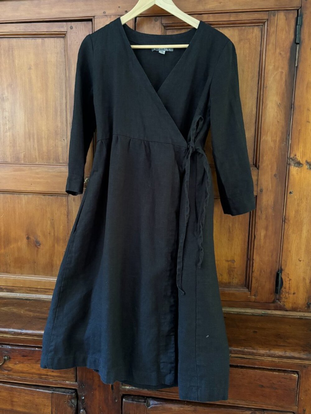 Artemesia black linen wraparound dress or duster -- size XS, with pockets!
